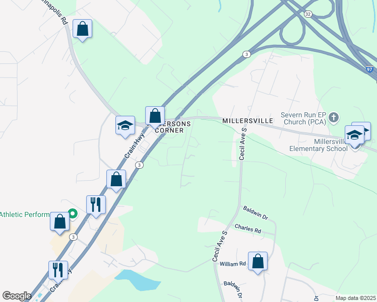 map of restaurants, bars, coffee shops, grocery stores, and more near 1021 Hansel Drive in Millersville