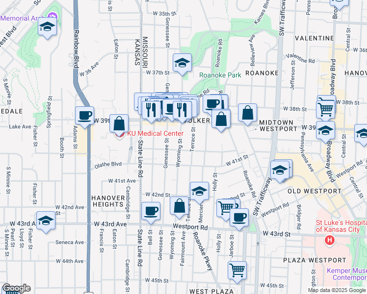 map of restaurants, bars, coffee shops, grocery stores, and more near 3953 Wyoming St in Kansas City