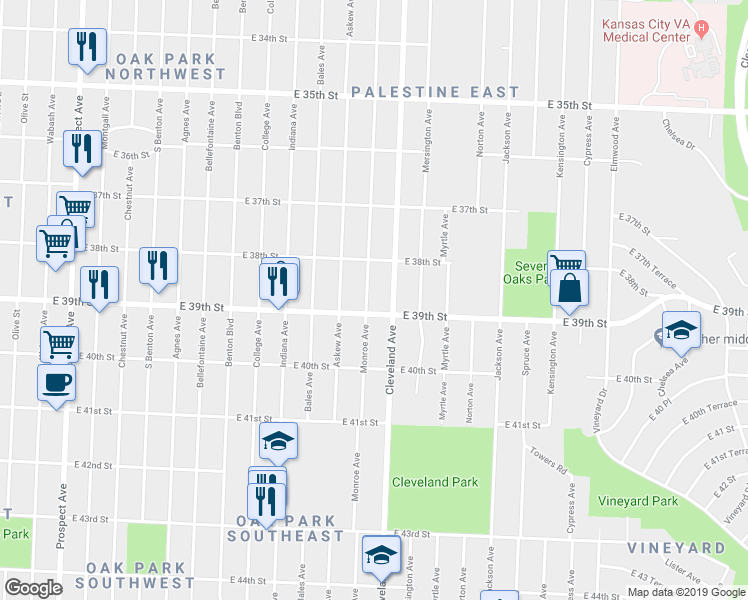 map of restaurants, bars, coffee shops, grocery stores, and more near 3835 Monroe Avenue in Kansas City