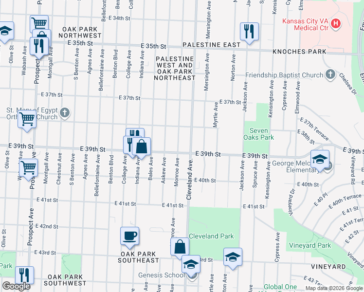 map of restaurants, bars, coffee shops, grocery stores, and more near 3835 Monroe Avenue in Kansas City