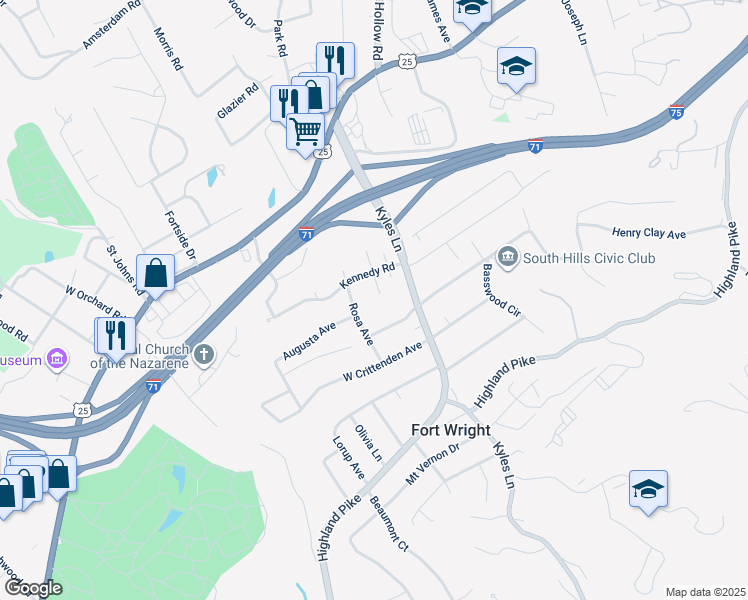 map of restaurants, bars, coffee shops, grocery stores, and more near 26 Lake Street in Fort Wright
