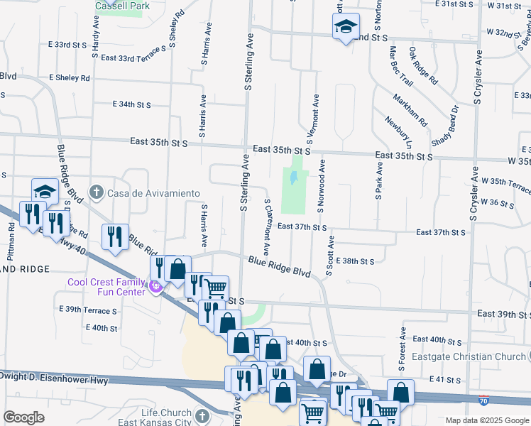 map of restaurants, bars, coffee shops, grocery stores, and more near 3614 S Claremont Ave in Independence
