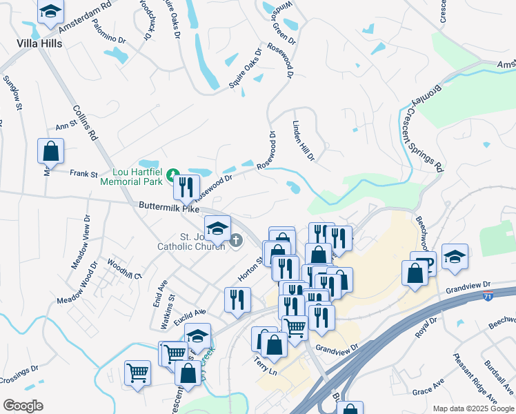 map of restaurants, bars, coffee shops, grocery stores, and more near 2320 Crestbrook Drive in Crescent Springs