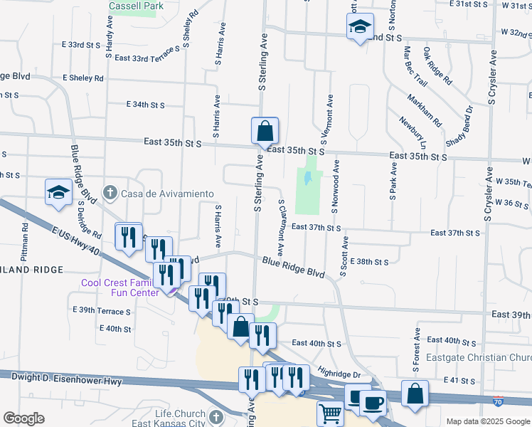 map of restaurants, bars, coffee shops, grocery stores, and more near 3614 South Claremont Avenue in Independence
