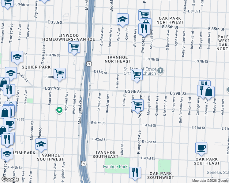 map of restaurants, bars, coffee shops, grocery stores, and more near 3844 Park Avenue in Kansas City