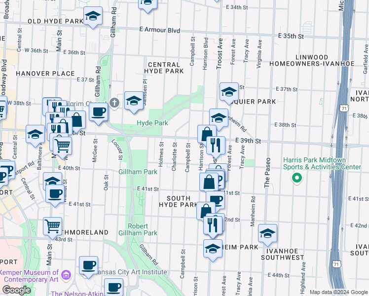 map of restaurants, bars, coffee shops, grocery stores, and more near 3916 Campbell Street in Kansas City
