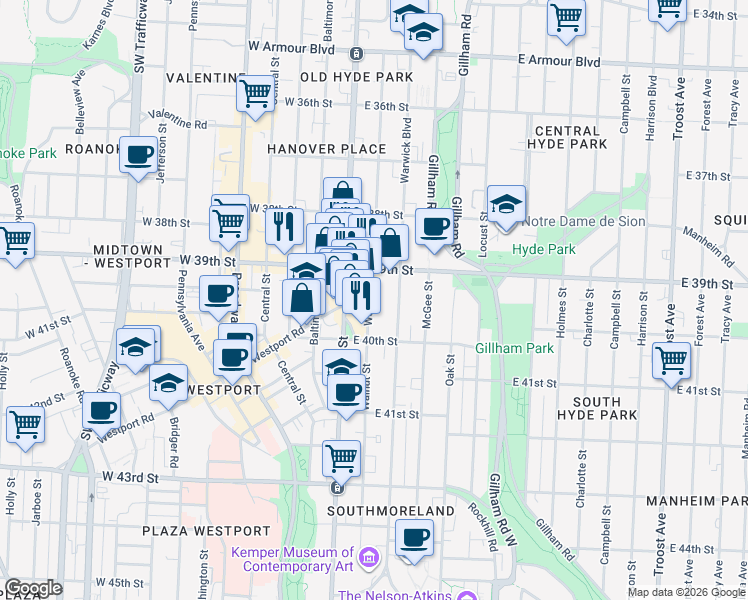 map of restaurants, bars, coffee shops, grocery stores, and more near 3931 Main Street in Kansas City
