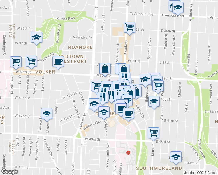 map of restaurants, bars, coffee shops, grocery stores, and more near 522 West 39th Terrace in Kansas City