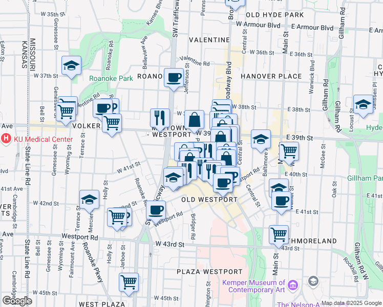 map of restaurants, bars, coffee shops, grocery stores, and more near 522 West 39th Terrace in Kansas City