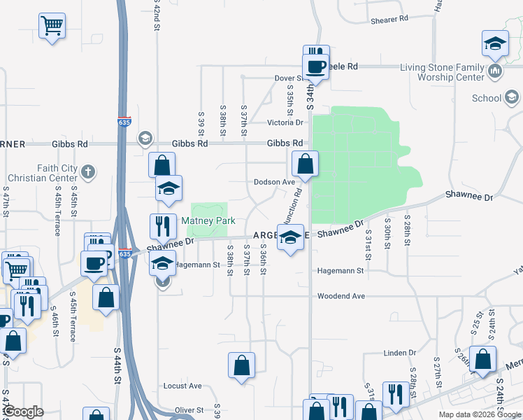 map of restaurants, bars, coffee shops, grocery stores, and more near 2545 South 37th Street in Kansas City