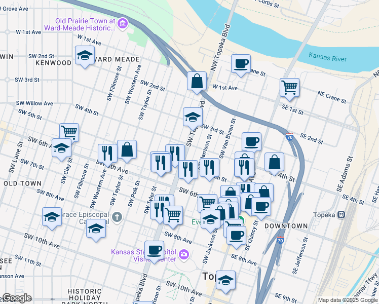 map of restaurants, bars, coffee shops, grocery stores, and more near 410 Southwest Topeka Boulevard in Topeka
