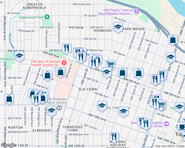 map of restaurants, bars, coffee shops, grocery stores, and more near 619 Southwest Lincoln Street in Topeka