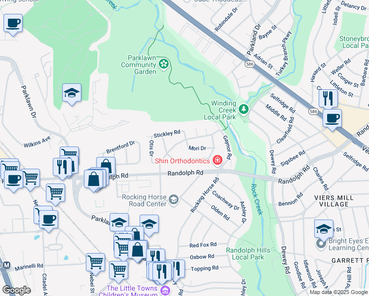 map of restaurants, bars, coffee shops, grocery stores, and more near 4818 Mori Drive in Rockville