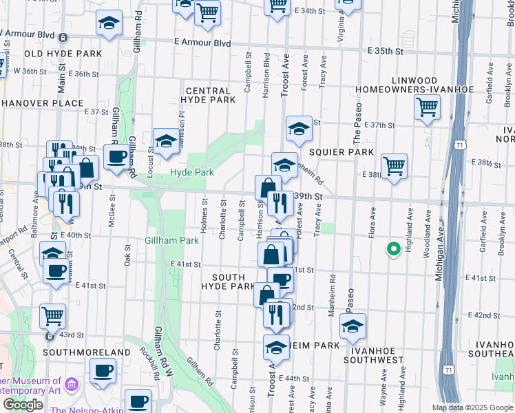 map of restaurants, bars, coffee shops, grocery stores, and more near 3916 Harrison Street in Kansas City