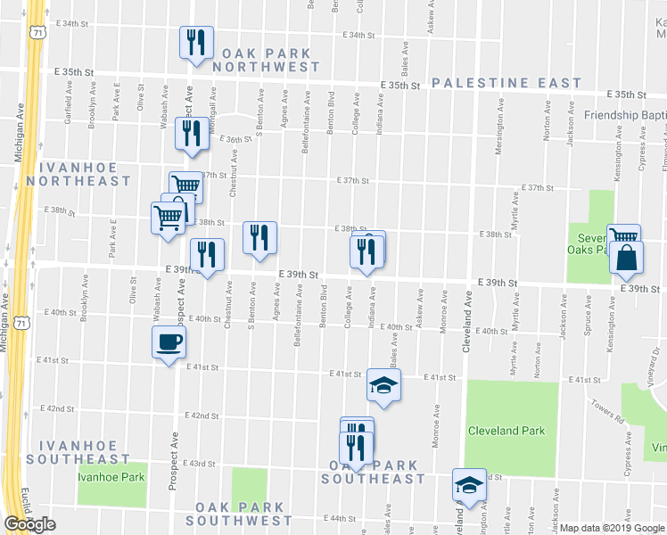 map of restaurants, bars, coffee shops, grocery stores, and more near 3839 Benton Boulevard in Kansas City