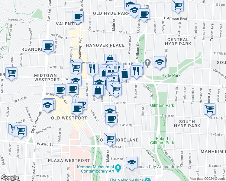 map of restaurants, bars, coffee shops, grocery stores, and more near 3931 Main Street in Kansas City