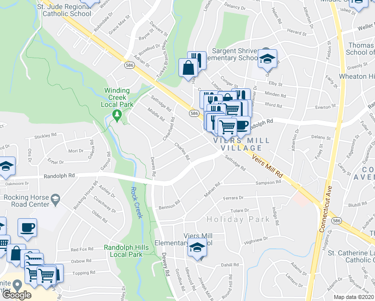 map of restaurants, bars, coffee shops, grocery stores, and more near 12207 Charles Road in Silver Spring