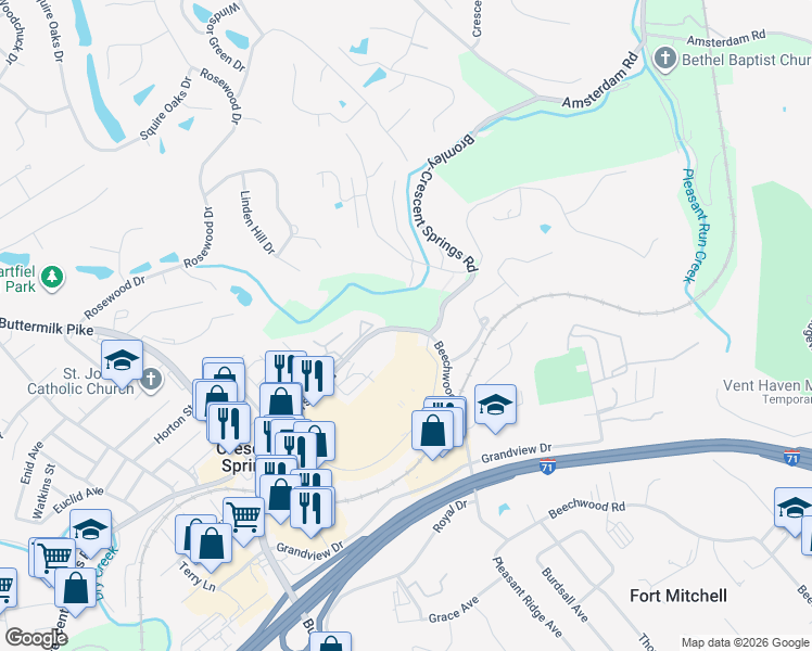 map of restaurants, bars, coffee shops, grocery stores, and more near 2312 Anderson Road in Crescent Springs