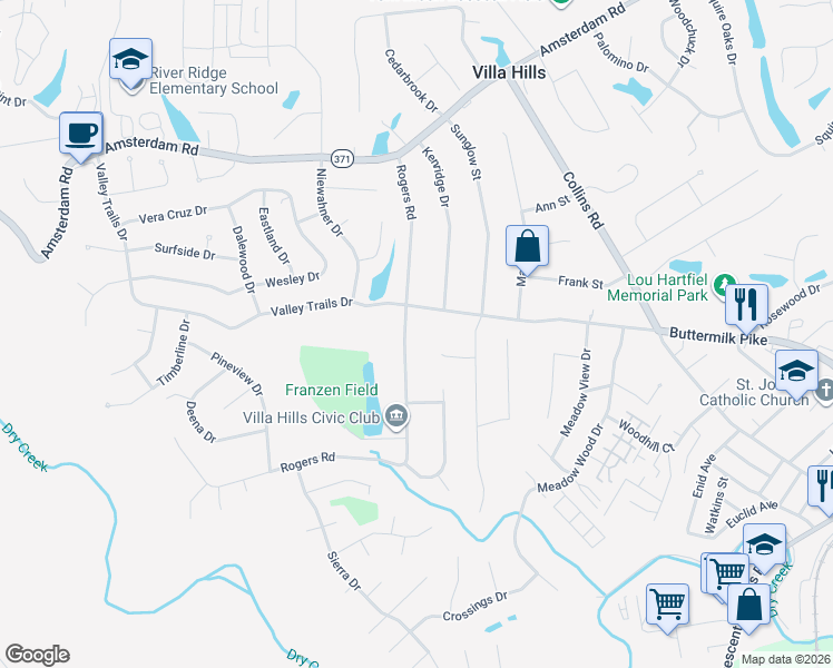 map of restaurants, bars, coffee shops, grocery stores, and more near 764 Rogers Road in Villa Hills
