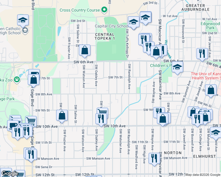 map of restaurants, bars, coffee shops, grocery stores, and more near 730 Southwest Vesper Avenue in Topeka