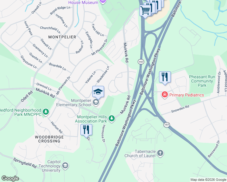 map of restaurants, bars, coffee shops, grocery stores, and more near 9215 Ispahan Loop in Laurel