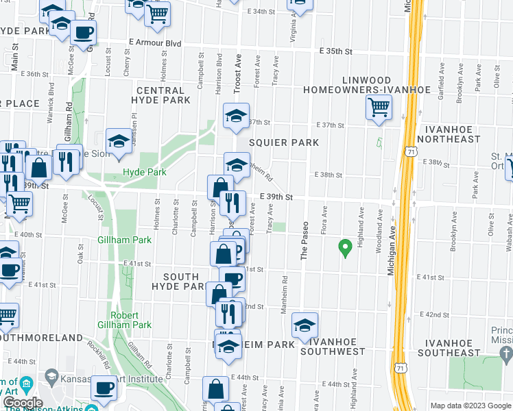 map of restaurants, bars, coffee shops, grocery stores, and more near 3911 Forest Avenue in Kansas City
