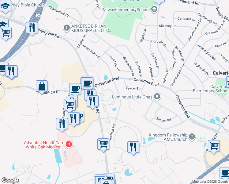 map of restaurants, bars, coffee shops, grocery stores, and more near 2738 Hunters Gate Terrace in Silver Spring