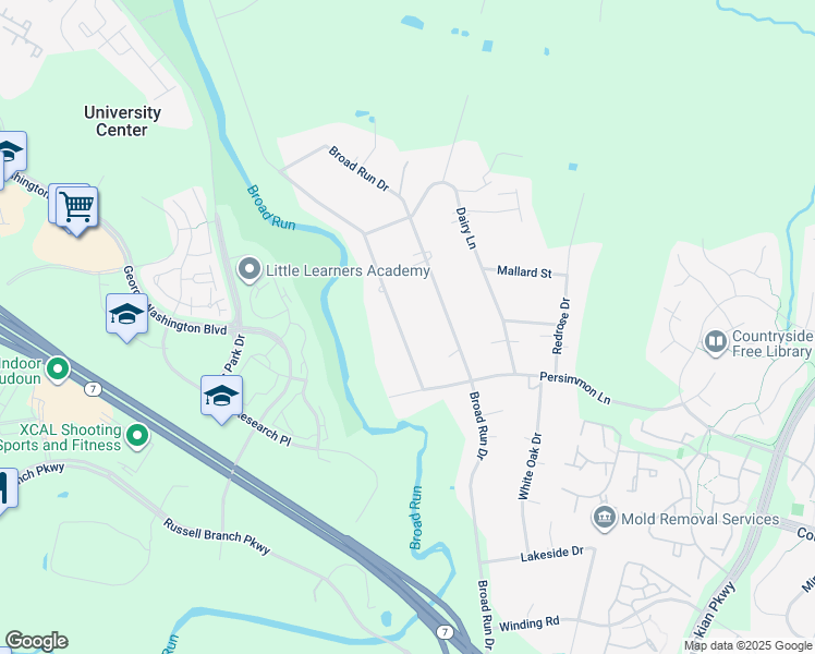 map of restaurants, bars, coffee shops, grocery stores, and more near 20270 Youngs Cliff Road in Sterling