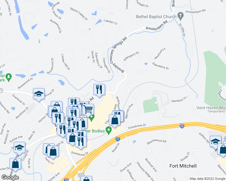 map of restaurants, bars, coffee shops, grocery stores, and more near 2244 Bromley-Crescent Springs Road in Fort Mitchell