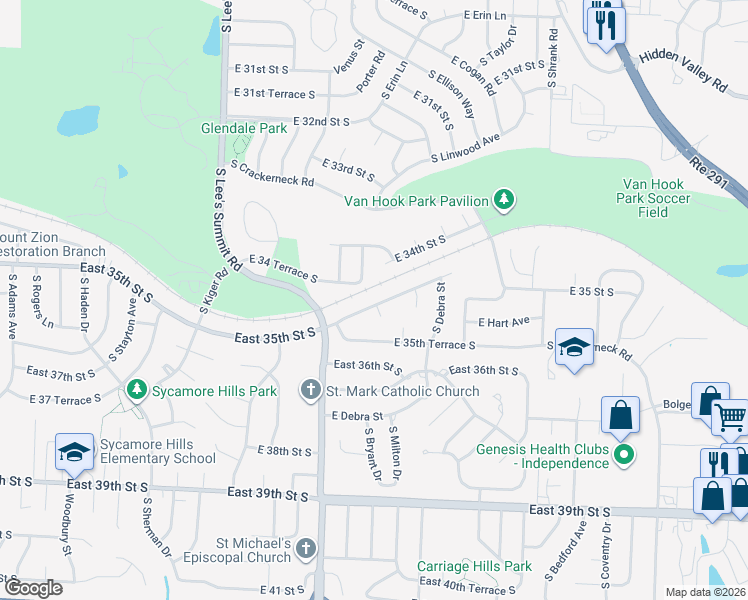 map of restaurants, bars, coffee shops, grocery stores, and more near 16539 East 35th Street South in Independence