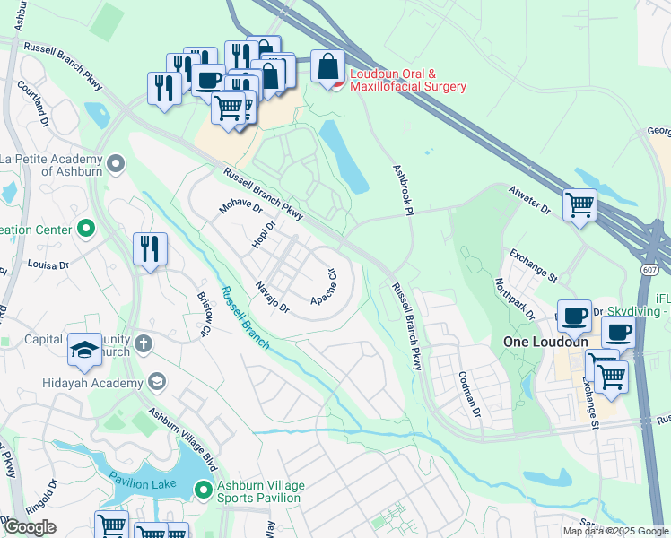 map of restaurants, bars, coffee shops, grocery stores, and more near 44346 Apache Circle in Ashburn