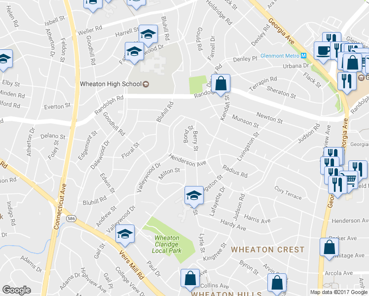 map of restaurants, bars, coffee shops, grocery stores, and more near 12212 Bond St in Silver Spring