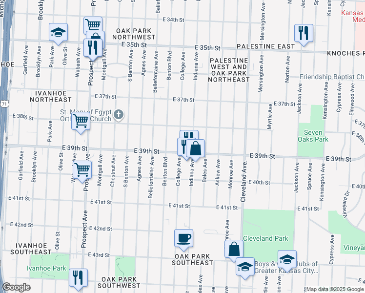 map of restaurants, bars, coffee shops, grocery stores, and more near 3839 College Avenue in Kansas City
