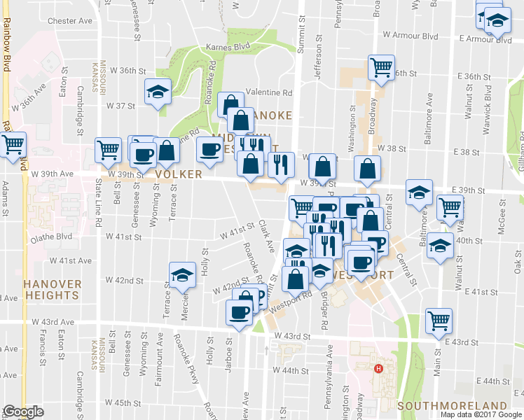 map of restaurants, bars, coffee shops, grocery stores, and more near 3947 Clark Avenue in Kansas City