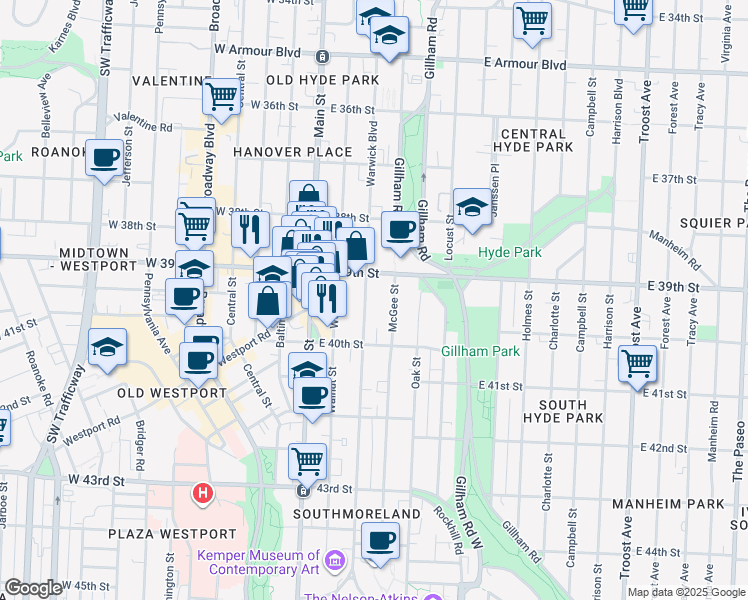 map of restaurants, bars, coffee shops, grocery stores, and more near 3924 Warwick Boulevard in Kansas City