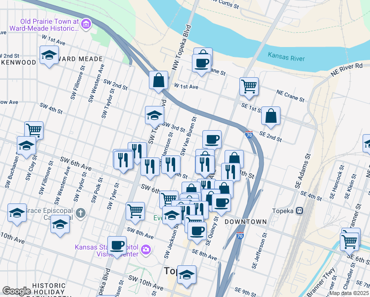 map of restaurants, bars, coffee shops, grocery stores, and more near in Topeka