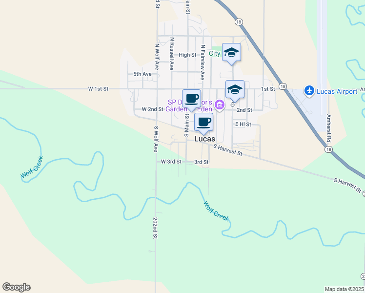 map of restaurants, bars, coffee shops, grocery stores, and more near 305 South Main Street in Lucas