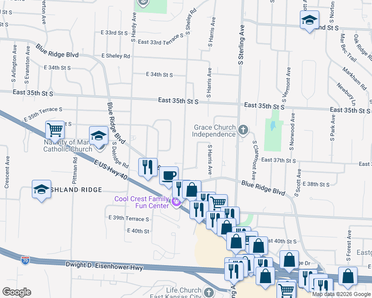 map of restaurants, bars, coffee shops, grocery stores, and more near 3620 South Northern Boulevard in Independence