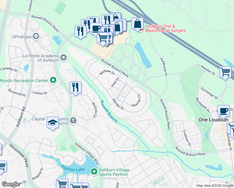 map of restaurants, bars, coffee shops, grocery stores, and more near 20259 Seneca Square in Ashburn