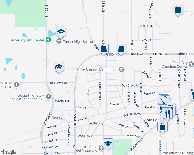 map of restaurants, bars, coffee shops, grocery stores, and more near 2532 South 51st Terrace in Kansas City