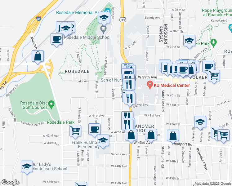 map of restaurants, bars, coffee shops, grocery stores, and more near 3937 Booth Street in Kansas City