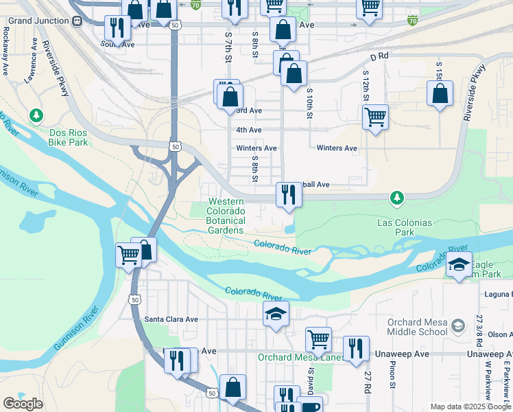 map of restaurants, bars, coffee shops, grocery stores, and more near 745 Struthers Avenue in Grand Junction