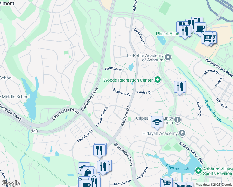 map of restaurants, bars, coffee shops, grocery stores, and more near 20181 Boxwood Pl in Ashburn