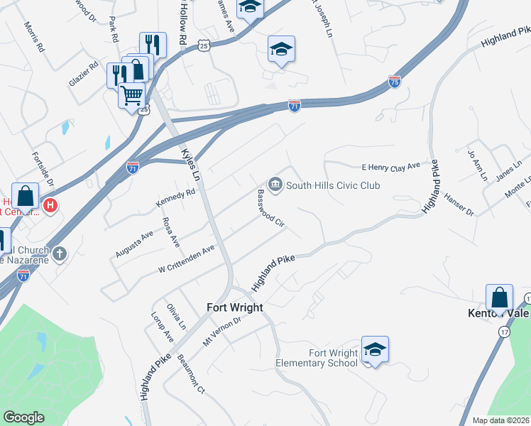 map of restaurants, bars, coffee shops, grocery stores, and more near 122 Basswood Circle in Fort Wright