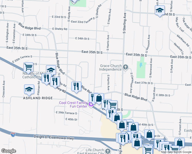 map of restaurants, bars, coffee shops, grocery stores, and more near 3620 South Northern Boulevard in Independence