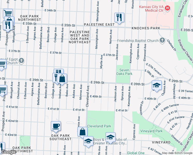map of restaurants, bars, coffee shops, grocery stores, and more near 3832 Mersington Avenue in Kansas City