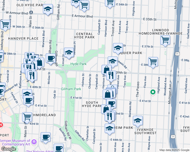 map of restaurants, bars, coffee shops, grocery stores, and more near 3916 Campbell Street in Kansas City
