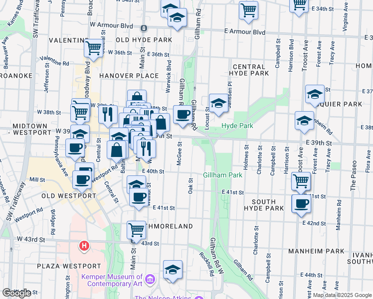 map of restaurants, bars, coffee shops, grocery stores, and more near 3918 McGee Street in Kansas City
