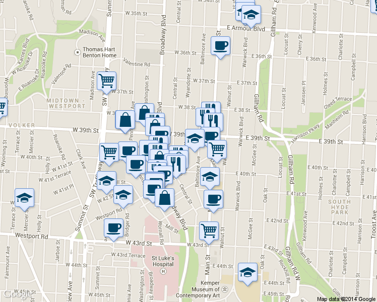 map of restaurants, bars, coffee shops, grocery stores, and more near 3925 Wyandotte Street in Kansas City