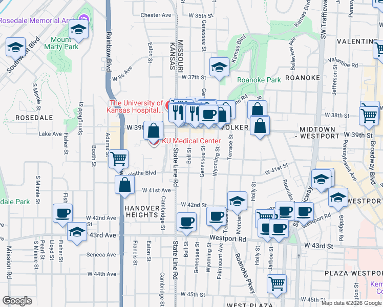 map of restaurants, bars, coffee shops, grocery stores, and more near 3950 Bell Street in Kansas City